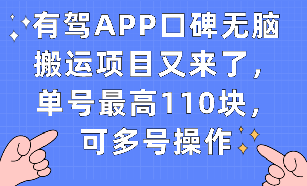 有驾APP口碑无脑搬运项目又来了，单号最高110块，可多号操作-源创智汇网