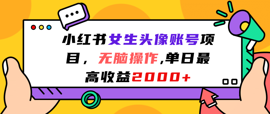 小红书女生头像账号项目，无脑操作，单日最高收益2000+-源创智汇网