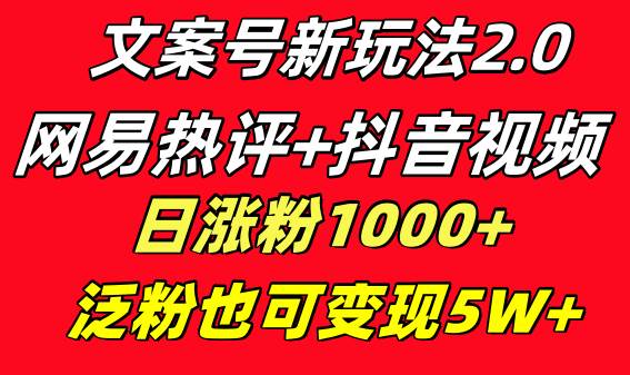 文案号新玩法 网易热评+抖音文案 一天涨粉1000+ 多种变现模式 泛粉也可变现-源创智汇网