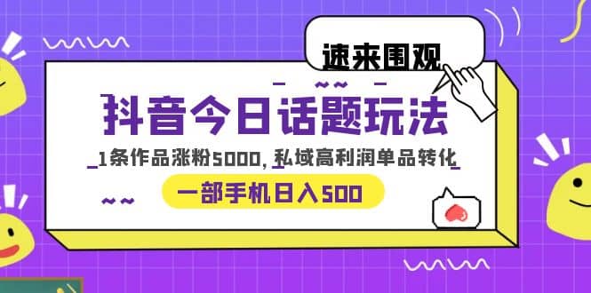 抖音今日话题玩法，1条作品涨粉5000，私域高利润单品转化 一部手机日入500-源创智汇网