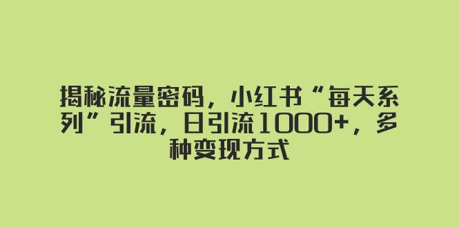 揭秘流量密码，小红书“每天系列”引流，日引流1000+，多种变现方式-源创智汇网