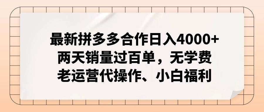 最新拼多多合作日入4000+两天销量过百单，无学费、老运营代操作、小白福利-源创智汇网