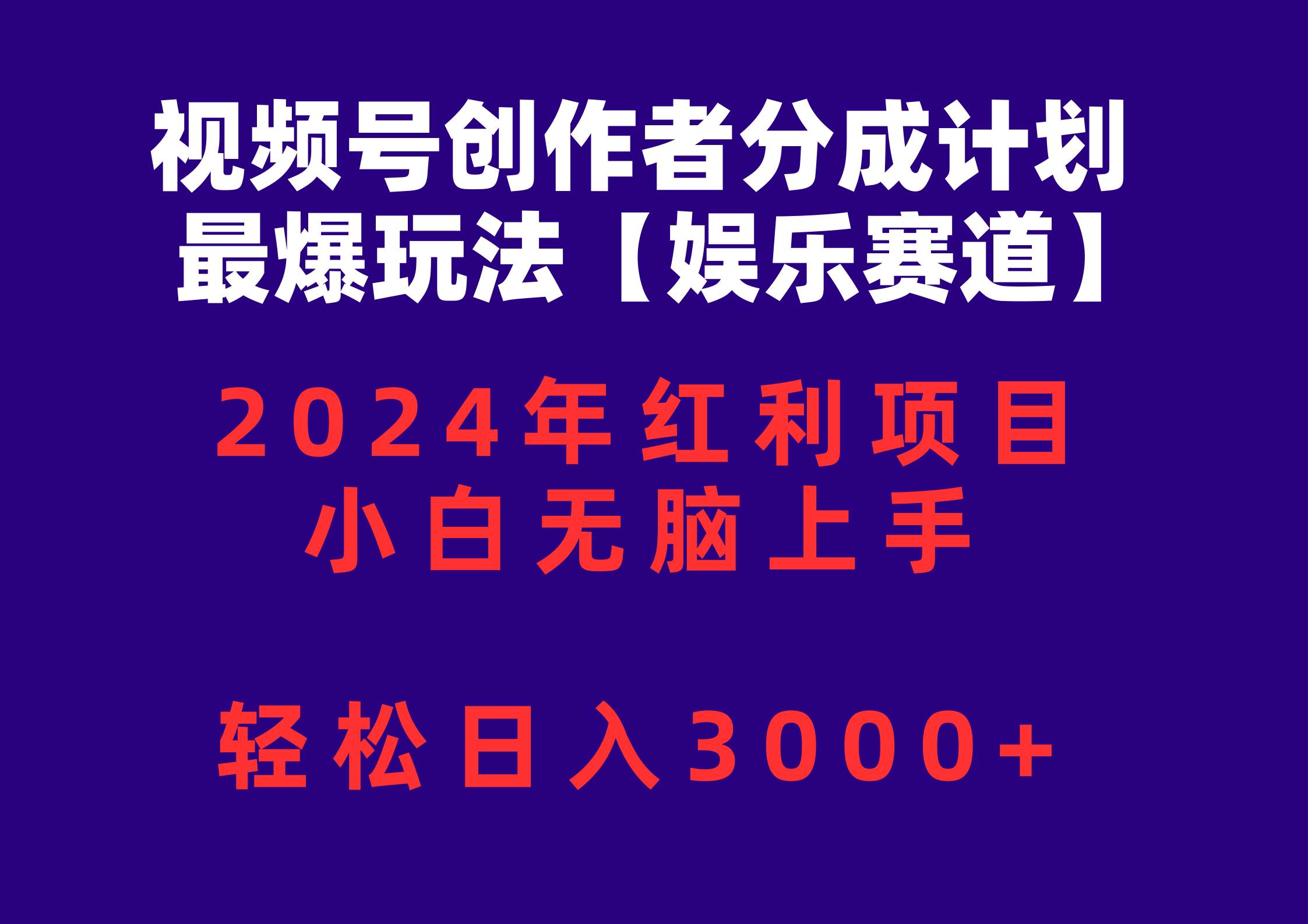 视频号创作者分成2024最爆玩法【娱乐赛道】，小白无脑上手，轻松日入3000+-源创智汇网