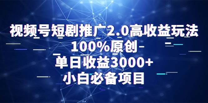 视频号短剧推广2.0高收益玩法，100%原创，单日收益3000+，小白必备项目-源创智汇网