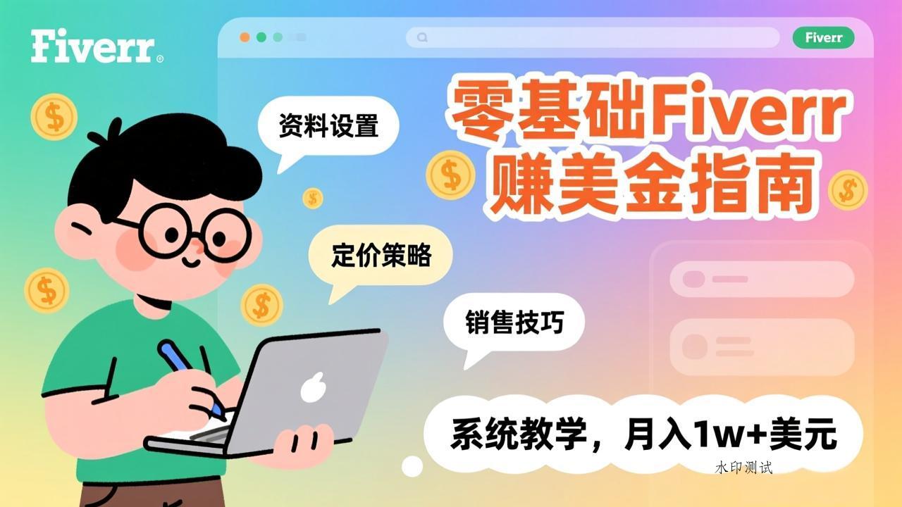 零基础Fiverr赚美金指南，涵盖资料设置、定价策略、销售技巧，系统教学，月入1w+美元-空间云网创